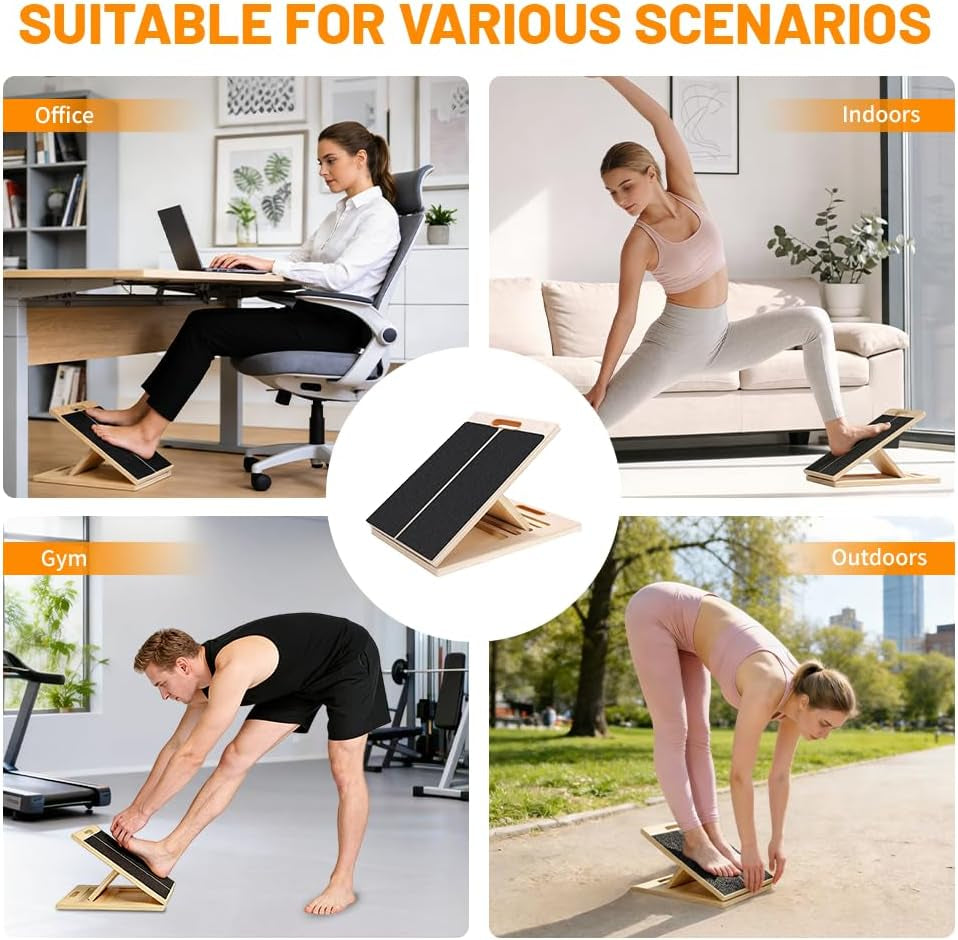 Adjustable 16.5"×12" Wooden Slant Board – 5-Angle Foldable Calf Stretcher & Squat Wedge for Home-Gym, Portable Incline Board, 350 Lb Rated