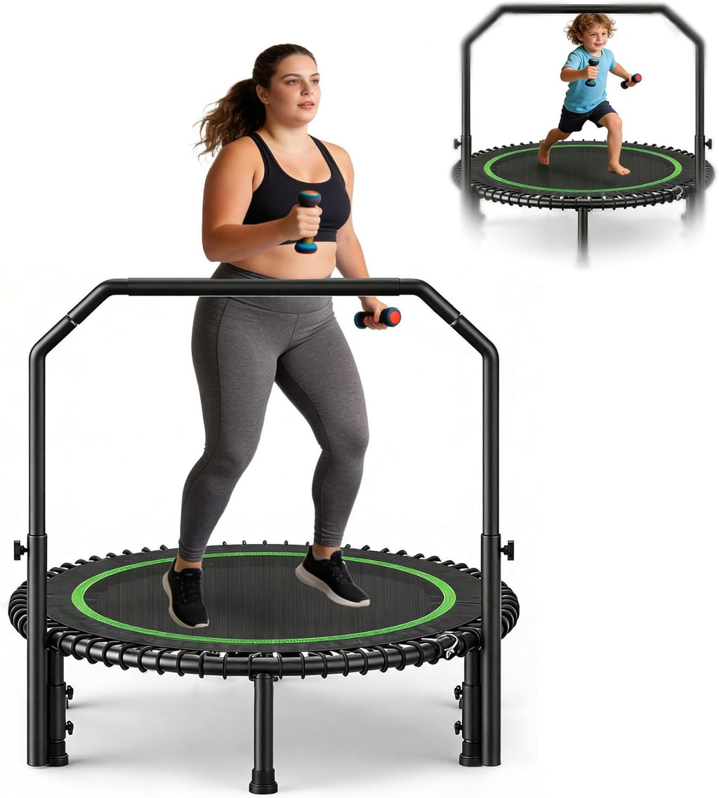 40" Mini Rebounder Trampoline for Adults with Handle, Foldable Mini Trampoline with Bungees, Adjustable Foam Handle, Stable & Quiet, Max Load 440Lbs