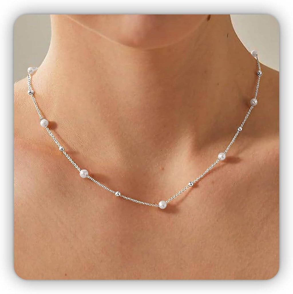 Pearl Necklaces, Daisy Pearls Choker for Women'S Pearl Strand Necklaces as Silver and Gold Choker for Teens, Silver Daisy Birthday Gifts 3 Pearls White Necklace as Prom Bridesmaid Gifts