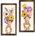 3D Floral Wall Art, 2 Set Rustic Wood Boho Flower with Vase Framed Wall Decor for Bathroom Living Room Bedroom Office Housewarming Gift, Ready to Hang Plaque Sculptures (White-A, 6L" X 12W", Framed)