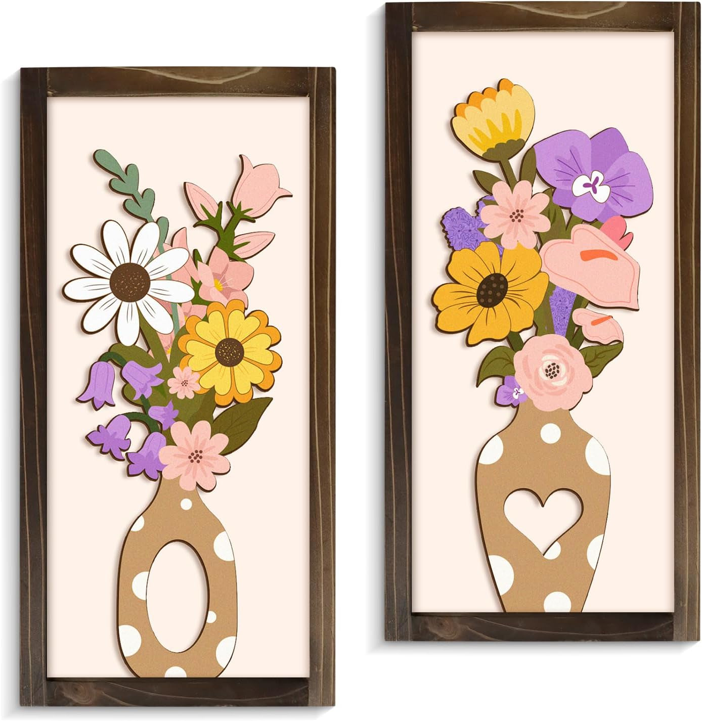 3D Floral Wall Art, 2 Set Rustic Wood Boho Flower with Vase Framed Wall Decor for Bathroom Living Room Bedroom Office Housewarming Gift, Ready to Hang Plaque Sculptures (White-A, 6L" X 12W", Framed)
