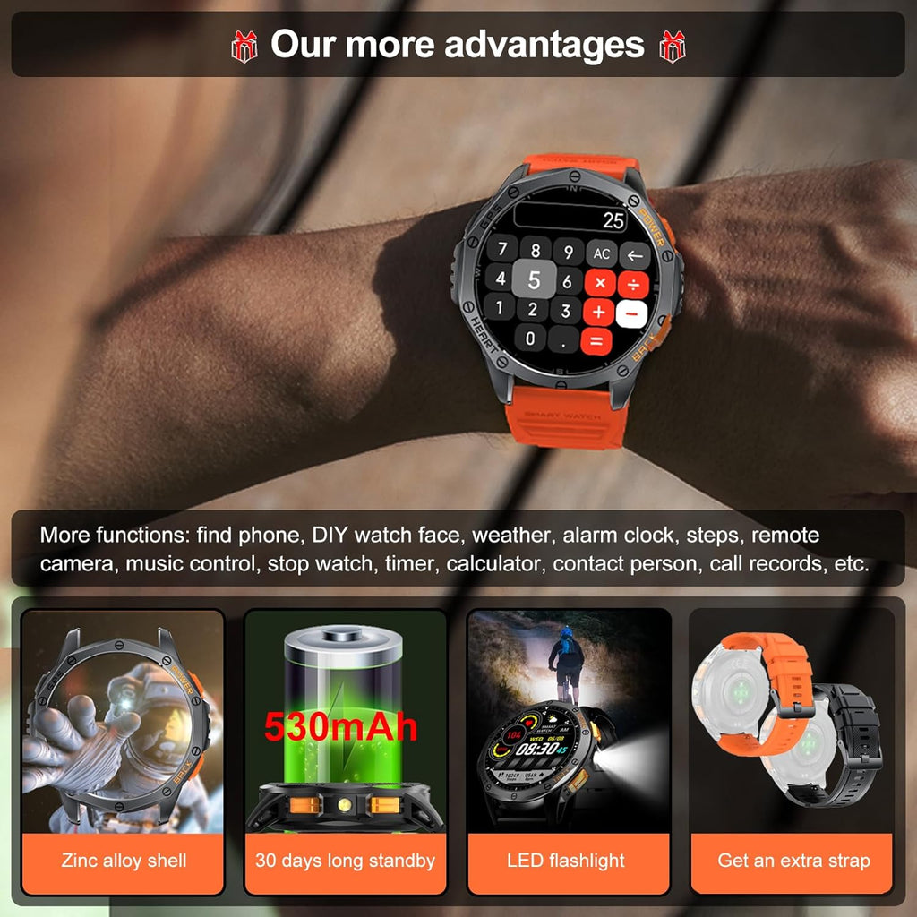 Military Smart Watches Built-In GPS, 170+ Sport Modes for Men with Flashlight, Smartwatch for Android Phones and Iphone, 1.43" AMOLED Screen Bluetooth Call Compass Altimeter (Black & Orange (2 Bands))