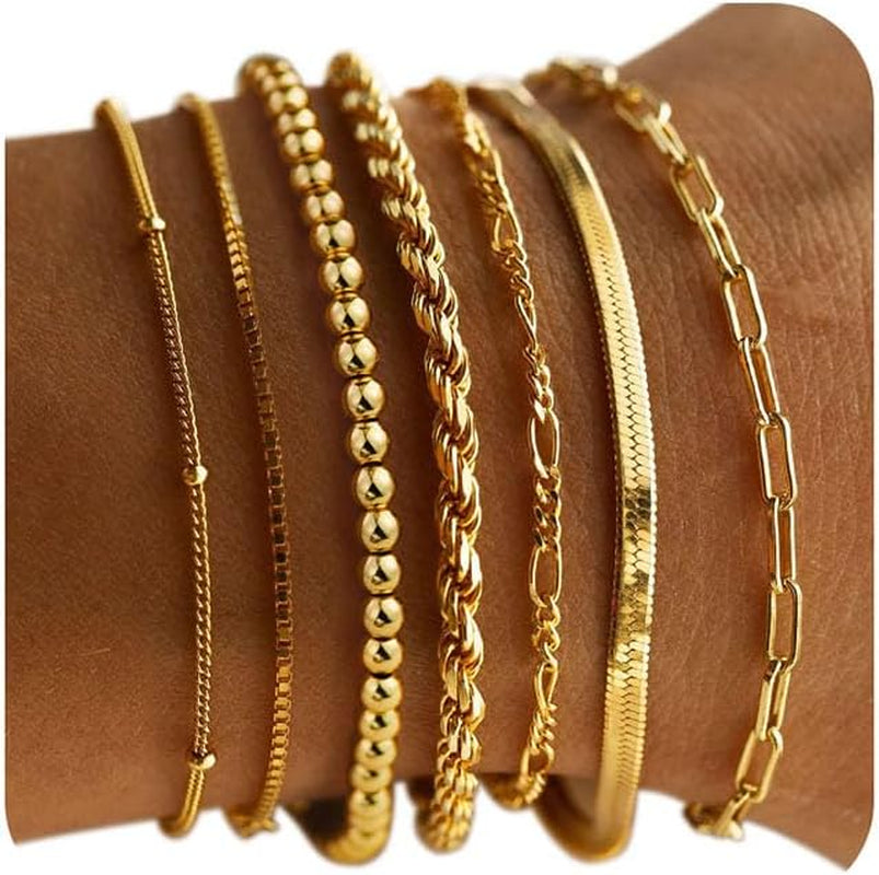 Gold Bracelets for Women - 14K Real Gold Plated Beaded Bracelets Set Rope Paperclip Chain Stackable Bracelet Non Tarnish, Friendship Birthday Jewelry Gifts for Women Teen
