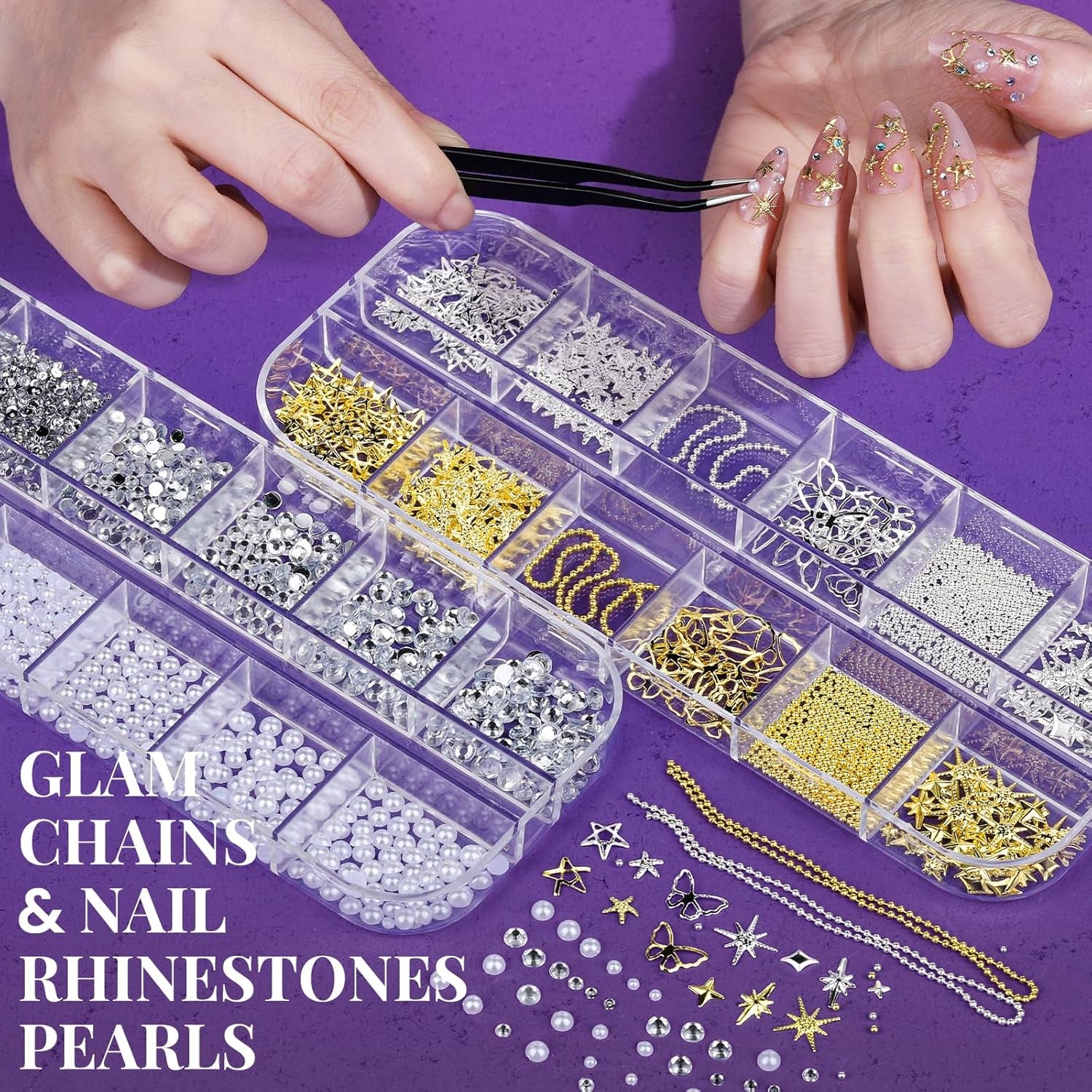 Nail Charms and Nail Brushes, Nail Accessories Kit with 15 Pcs Nail Art Brushes, 6 Box Nail Charms and Gems, 10 Pcs Flower Nail Stickers, 5 Pcs Dotting Tools, Nail Art Kit with Nail Brush