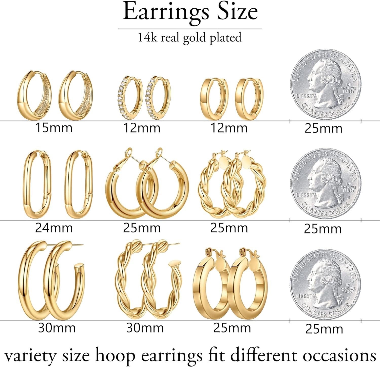 9 Pairs Gold Hoop Earrings for Women, 14K Real Gold Plated Chunky Hoop Earrings Set for Women Hypoallergenic Thick Lightweight Earring for Womens Jewelry Gifts