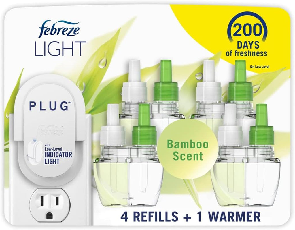 Plug-In Air Freshener, Odor-Fighting Scented Oil Starter Kit, Air Fresheners for Home and Bathroom and Kitchen, Long Lasting for Strong Odors, Bamboo Scent, Warmer + 4 Refill