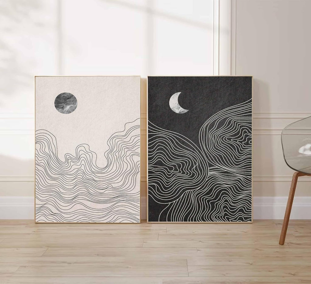 2 Pcs Modern Minimalist Boho Canvas Wall Art Neutral Black and White Abstract Sun and Moon Lines Paintings Pictures Wall Decor Poster Print Artwork for Living Room Bedroom Home Decoration Unframed
