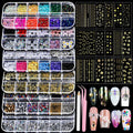 Nail Charms Nail Gems with 15 Sheets Gold Nail Stickers, 6 Boxes of Rhinestones for Nails Art Tools, 3D Nail Decals Pearls for Nails