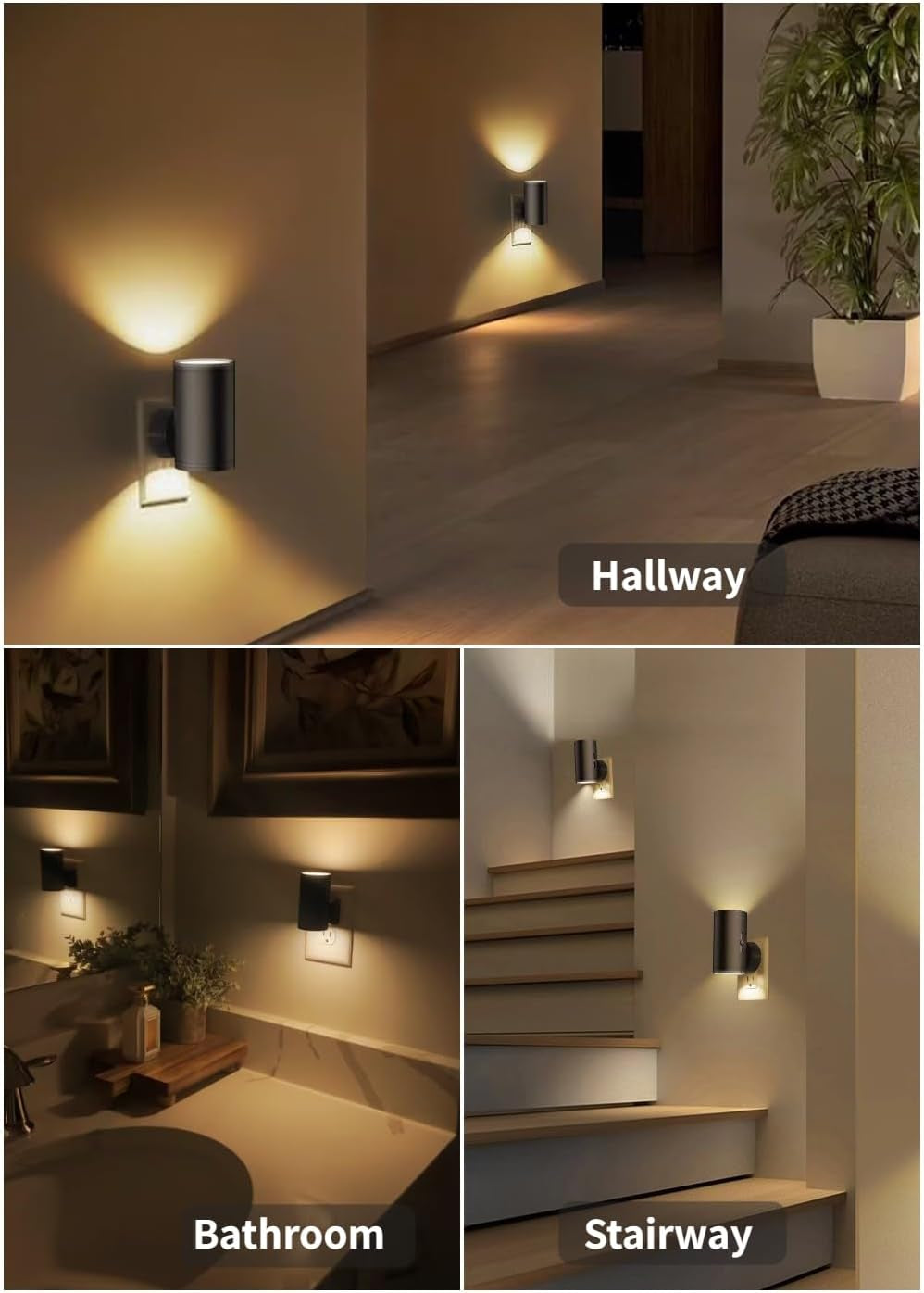 LED Night Lights Plug into Wall, Dusk to Dawn Sensor,5-300Lm Adjustable Brightness, Soft White 3000K,Dimmable Night Lights for Kitchen,Hallway Bedroom,Stairs, 2 Pack