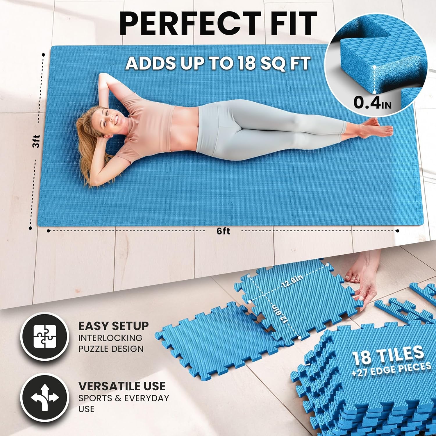 Gym Mats Set - 18 Pcs EVA Interlocking Foam Floor Tiles (12.6"X12.6"X0.4") 18Sqft Protective Gym Flooring Sports Home Workout Exercise Mats Puzzle Garage Fitness Play-Room Pool Treadmill Bike