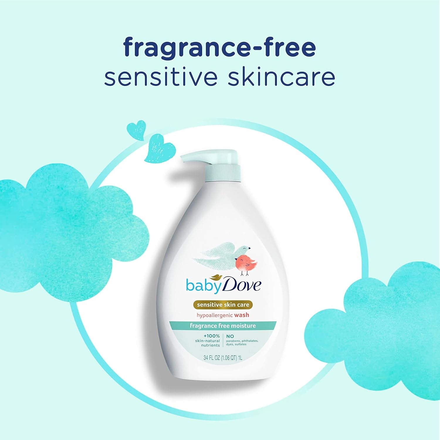 Sensitive Skin Care Baby Wash Fragrance Free Moisture for Baby Bath Time Fragrance Free and Hypoallergenic, Washes Away Bacteria 34 Oz (Pack of 1)