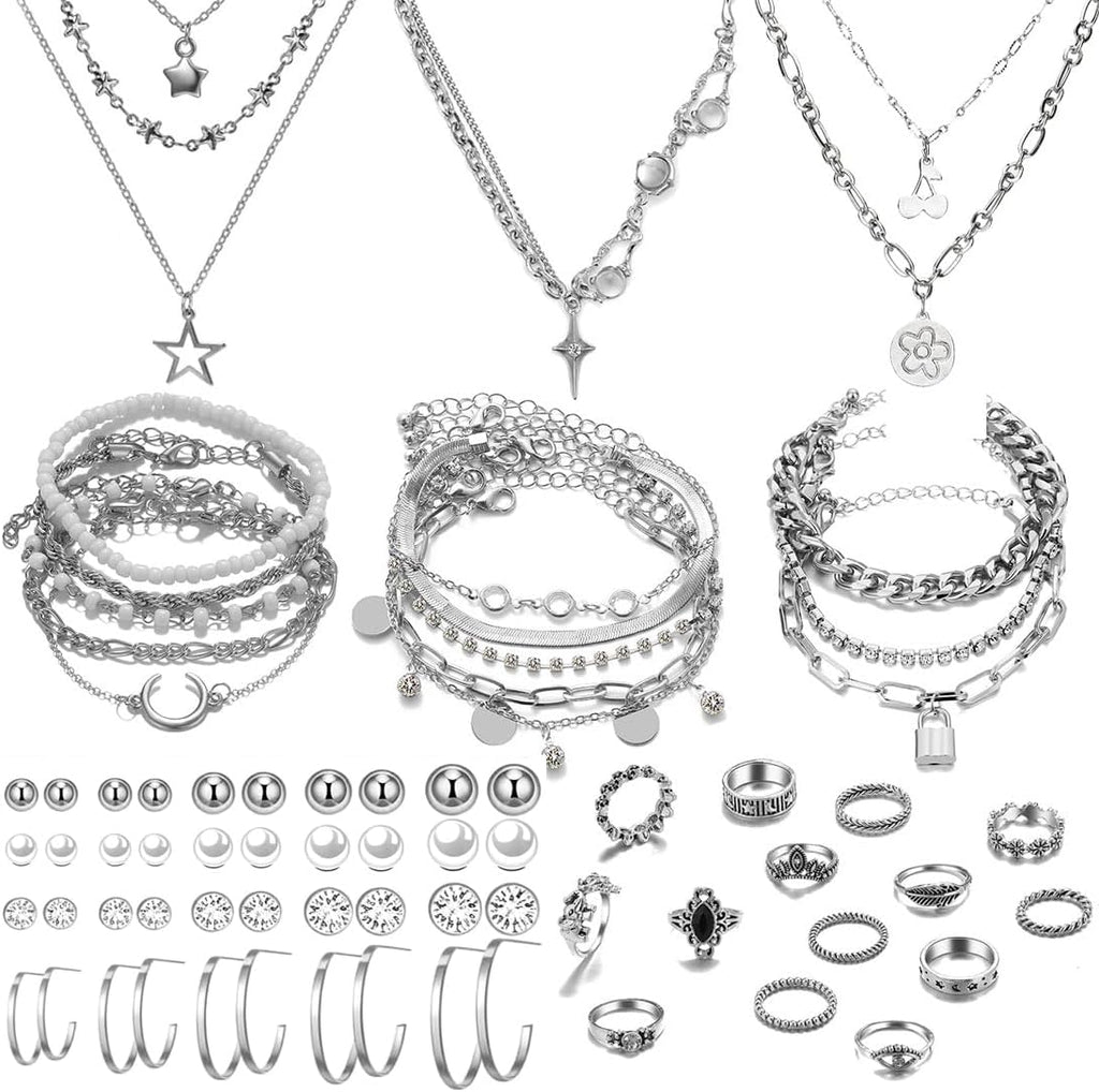 37Pcs Silver Jewelry Set with 3 PCS Necklace, 14 PCS Bracelet, 7 PCS Ear Cuffs Earring, 6Pcs Hoop Earrings,7Pcs Silver Rings Set for Women for Birthday Gifts