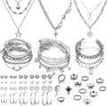 37Pcs Silver Jewelry Set with 3 PCS Necklace, 14 PCS Bracelet, 7 PCS Ear Cuffs Earring, 6Pcs Hoop Earrings,7Pcs Silver Rings Set for Women for Birthday Gifts