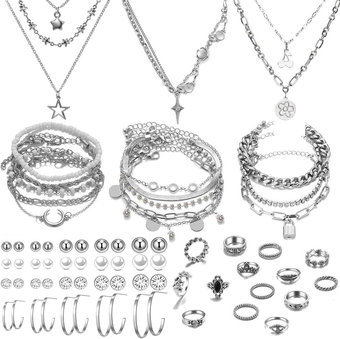 37Pcs Silver Jewelry Set with 3 PCS Necklace, 14 PCS Bracelet, 7 PCS Ear Cuffs Earring, 6Pcs Hoop Earrings,7Pcs Silver Rings Set for Women for Birthday Gifts