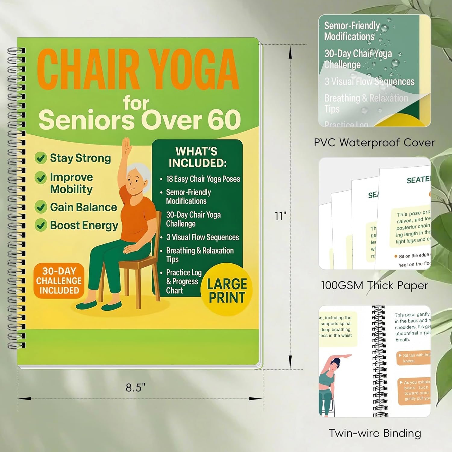 Chair Yoga for Seniors over 60 Book & Chart – 30-Day Challenge, Gentle Seated Yoga Guide, Chair Yoga for Weight Loss & Flexibility, Senior Chair Exercises for Women & Men, 8.5X11" Book on Chair Yoga