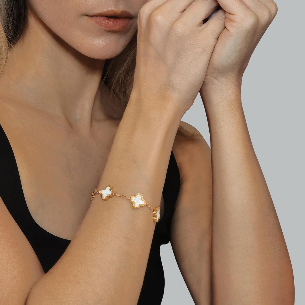 Unique 18K Gold Four Leaf Clover Bracelet for Women White Gold Lucky Link Clover Bracelets, Trendy Bracelets Set Jewelry Gifts for Women
