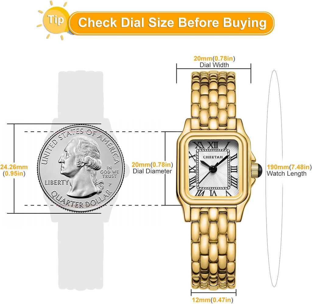Gold Watches for Women with Small Vintage Bracelet, Rectangular Case Roman Dial