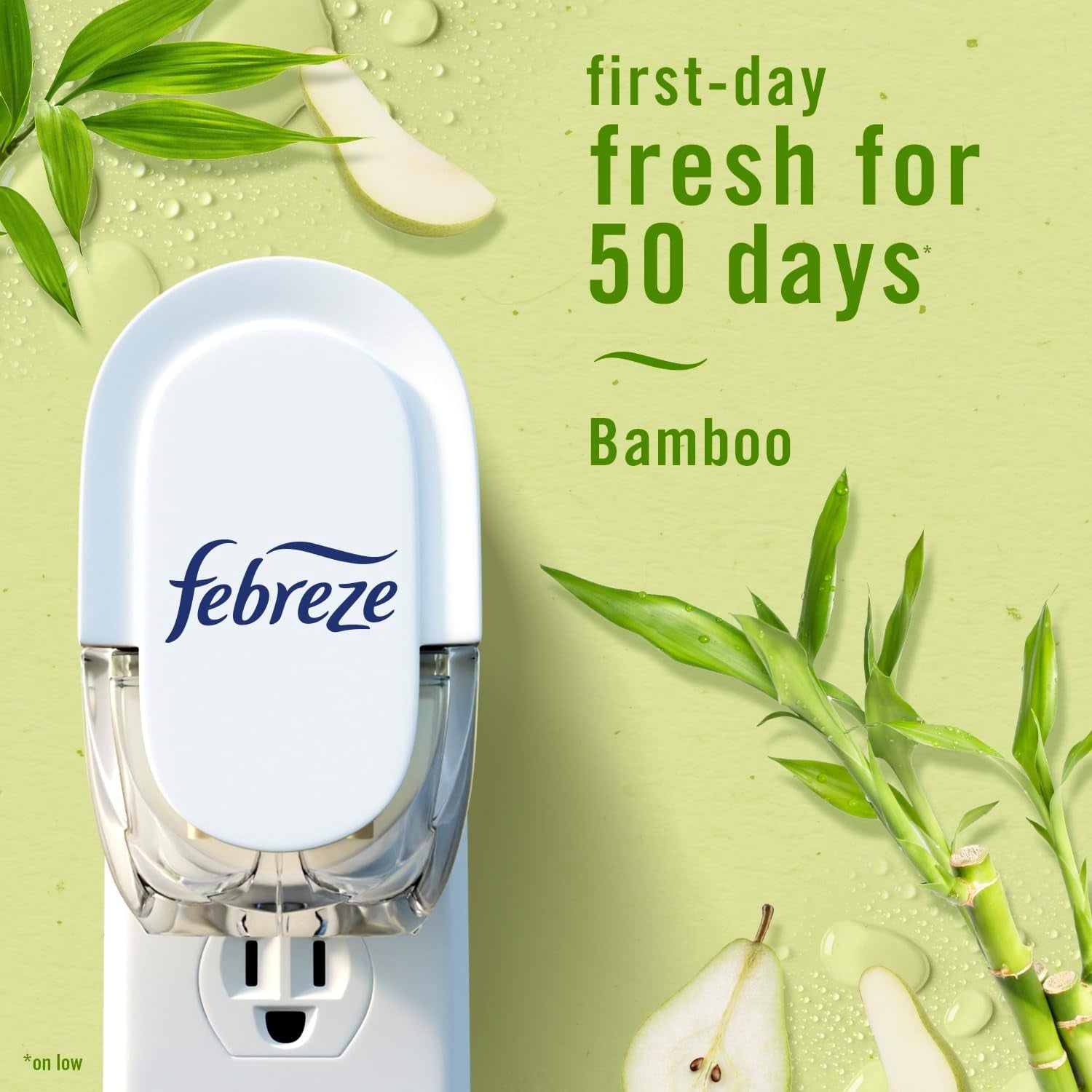 Plug-In Air Freshener, Odor-Fighting Scented Oil Starter Kit, Air Fresheners for Home and Bathroom and Kitchen, Long Lasting for Strong Odors, Bamboo Scent, Warmer + 4 Refill