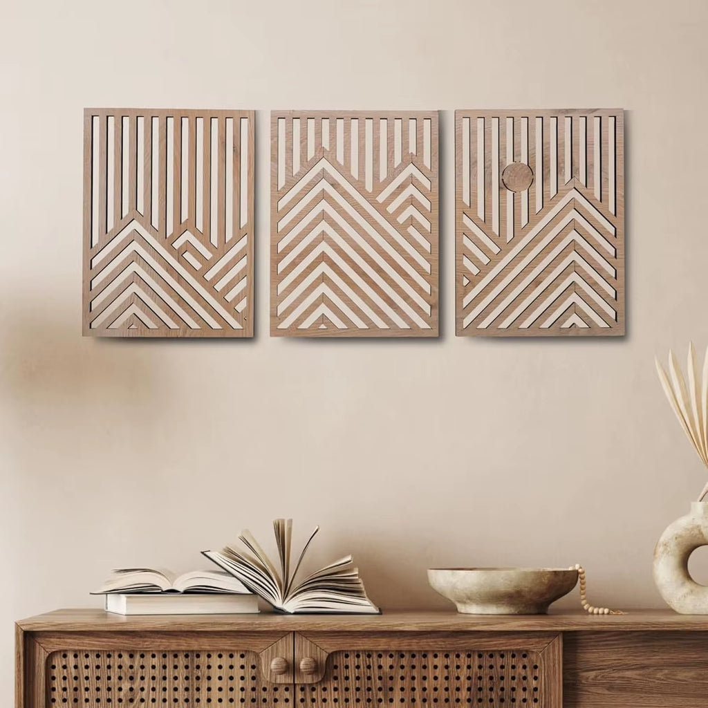 3PCS Retro Wood Art Decor Modern Wood Art Wall Decor,Indoor Wall Hanging Decorations for Living Room, Bedroom, Office