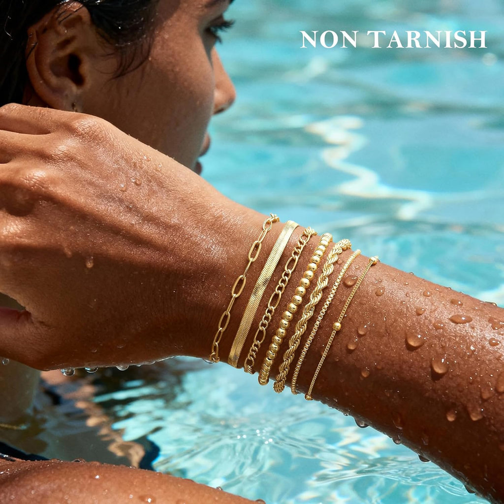 Gold Bracelets for Women - 14K Real Gold Plated Beaded Bracelets Set Rope Paperclip Chain Stackable Bracelet Non Tarnish, Friendship Birthday Jewelry Gifts for Women Teen