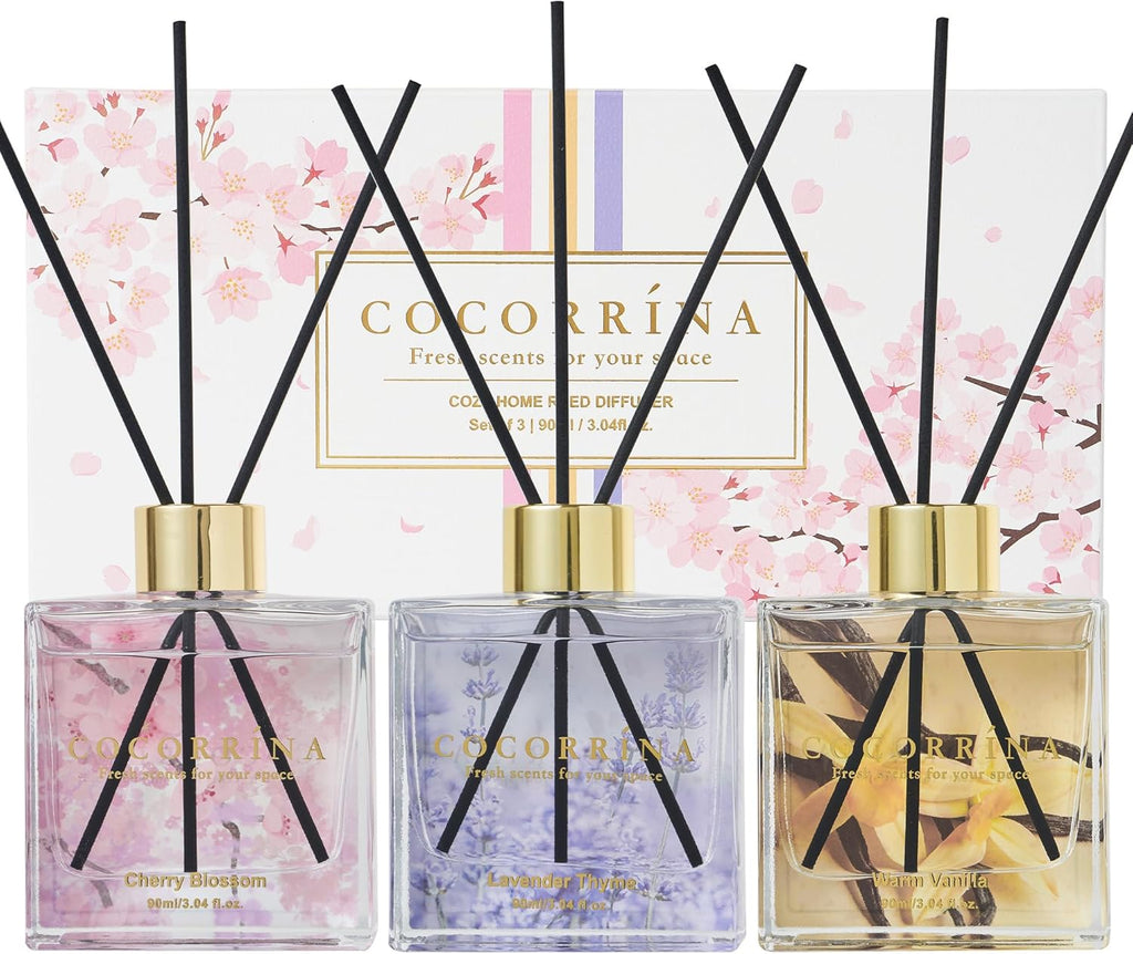 Reed Diffuser Set of 3-3 Pack/ 3.04 Fl.Oz Diffuser with 24 Sticks Cashmere Vanilla/Sandalwood Rose/Clean Linen Reed Diffuser for Home Bathroom Office Decor