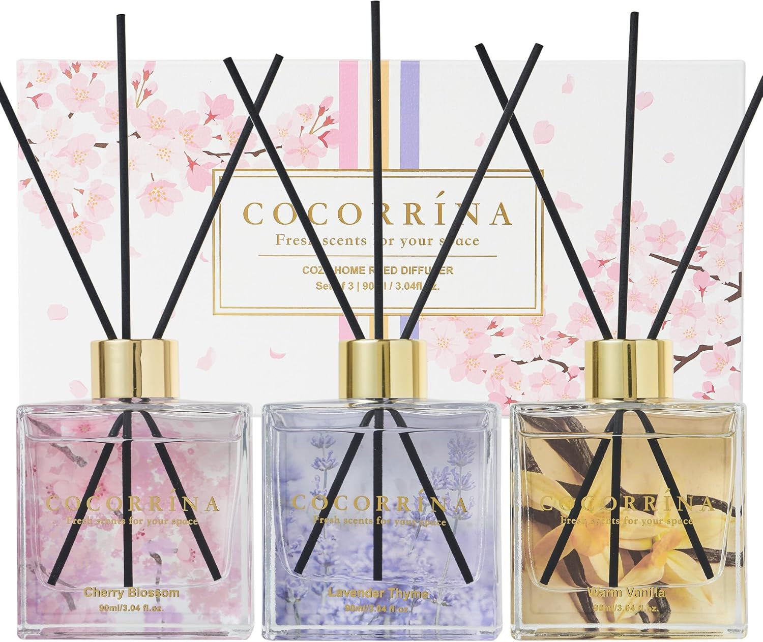 Reed Diffuser Set of 3-3 Pack/ 3.04 Fl.Oz Diffuser with 24 Sticks Cashmere Vanilla/Sandalwood Rose/Clean Linen Reed Diffuser for Home Bathroom Office Decor