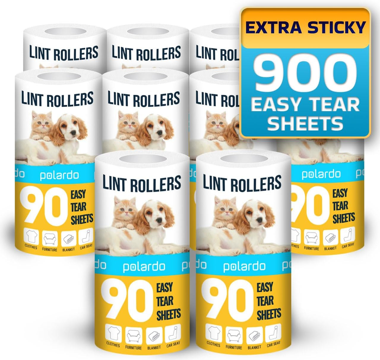 Lint Rollers for Pet Hair, Sticky, Remover for Couch, Clothes Furniture and Carpet. Dog Hair Remover Cat Hair, Animal Fur, Fuzz. 5 Large Lint Rollers