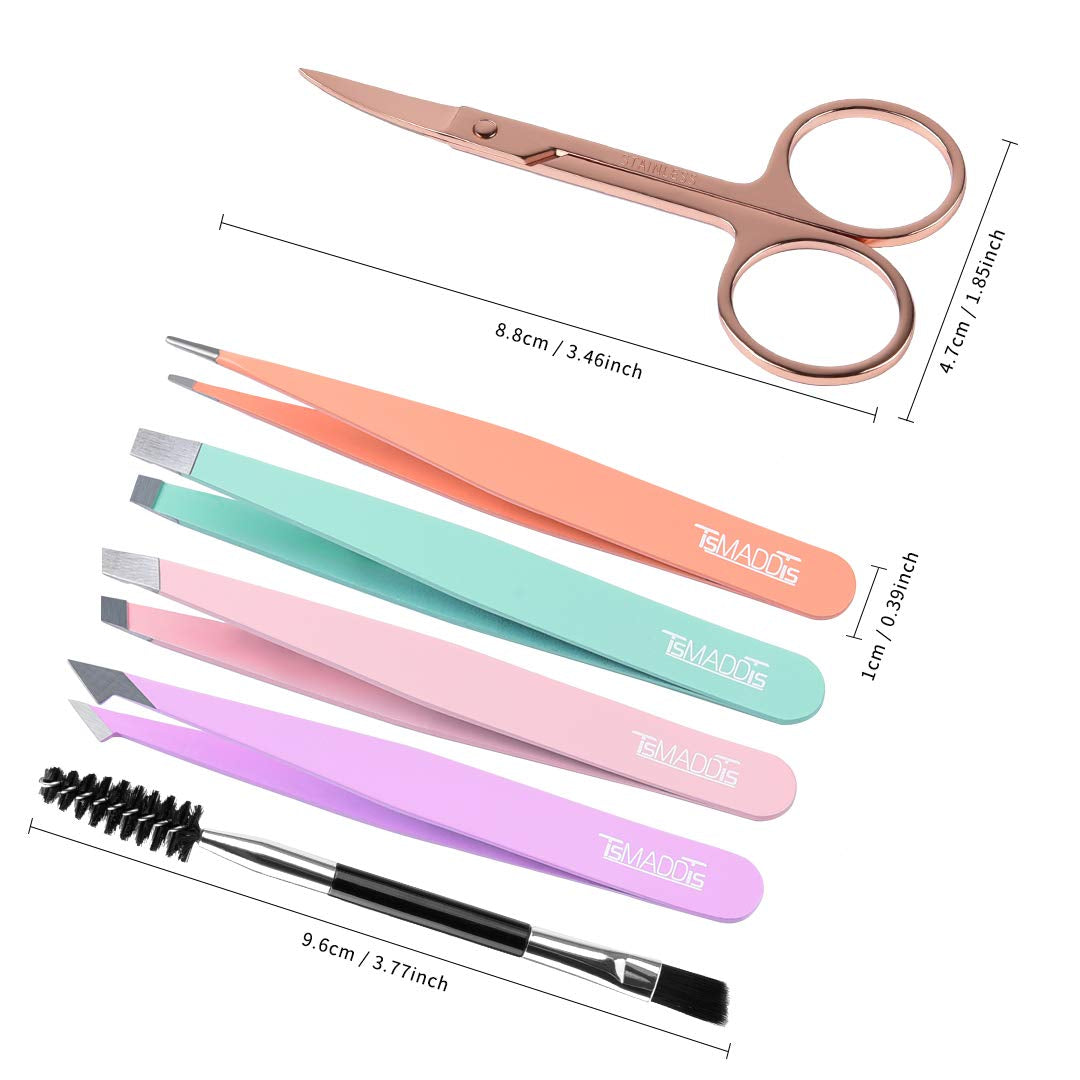 6 Pcs Tweezers Set for Women, Eyebrow Tweezers with Curved Scissor for Ingrown Hair, Hair Plucking Daily Beauty Tools with Leather Travel Case