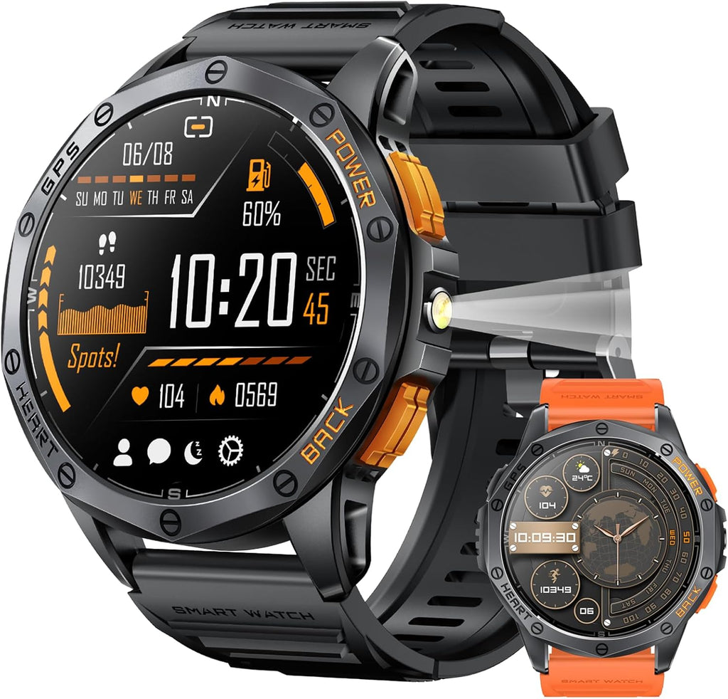 Military Smart Watches Built-In GPS, 170+ Sport Modes for Men with Flashlight, Smartwatch for Android Phones and Iphone, 1.43" AMOLED Screen Bluetooth Call Compass Altimeter (Black & Orange (2 Bands))