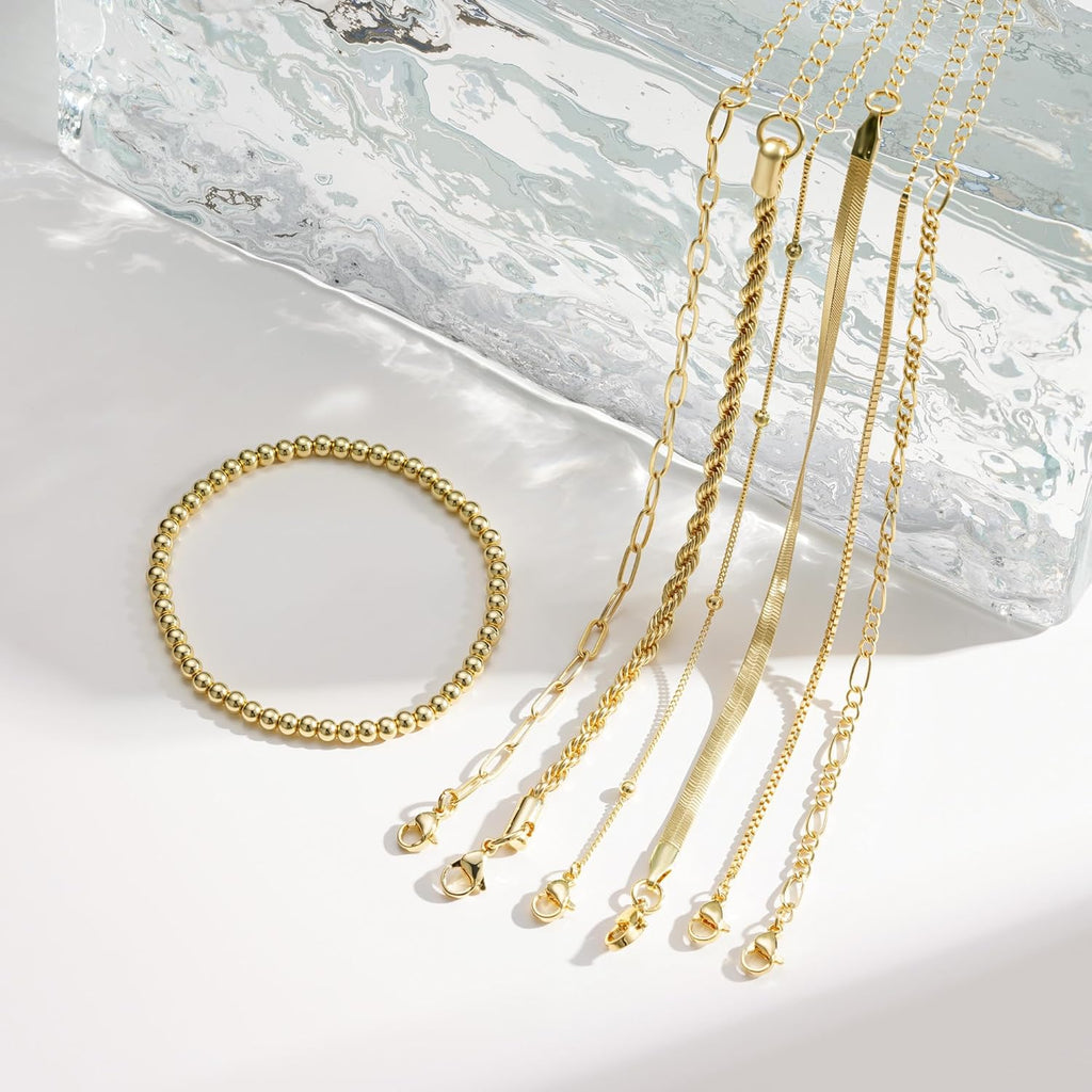 Gold Bracelets for Women - 14K Real Gold Plated Beaded Bracelets Set Rope Paperclip Chain Stackable Bracelet Non Tarnish, Friendship Birthday Jewelry Gifts for Women Teen