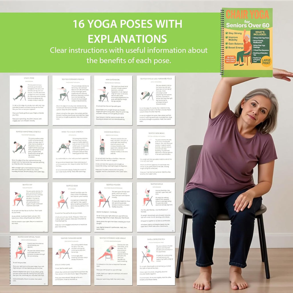 Chair Yoga for Seniors over 60 Book & Chart, Gentle Seated Chair Yoga Guide, 30-Day Challenge for Flexibility & Balance, A4 Size Easy to Follow Chair Yoga Routine for Older Adults