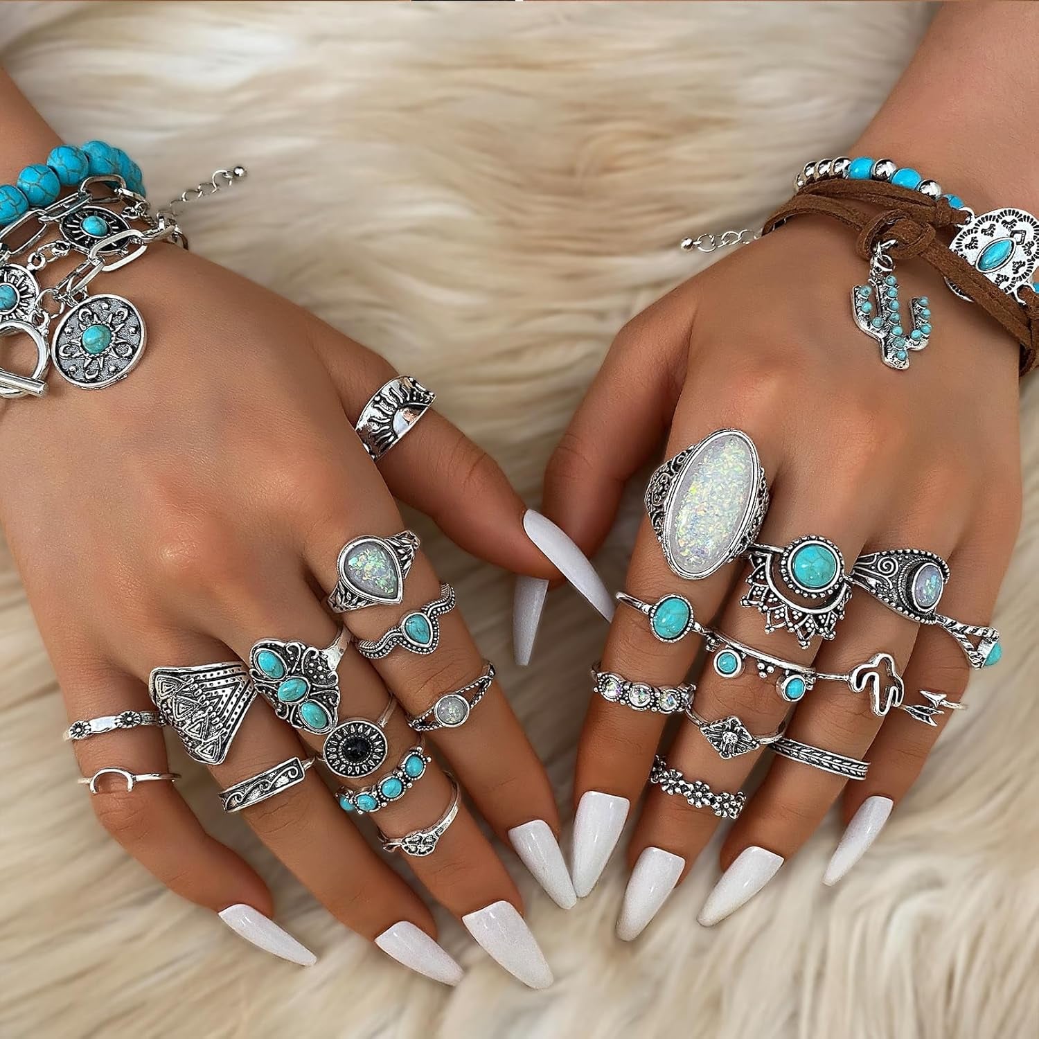 Bohemian Jewelry Set with Turquoise Necklace, Dangle Earrings, Stackable Bangle Bracelets, Knuckle Rings for Women Vintage Western Boho Turquoise Anniversary Birthday Friendship Gift