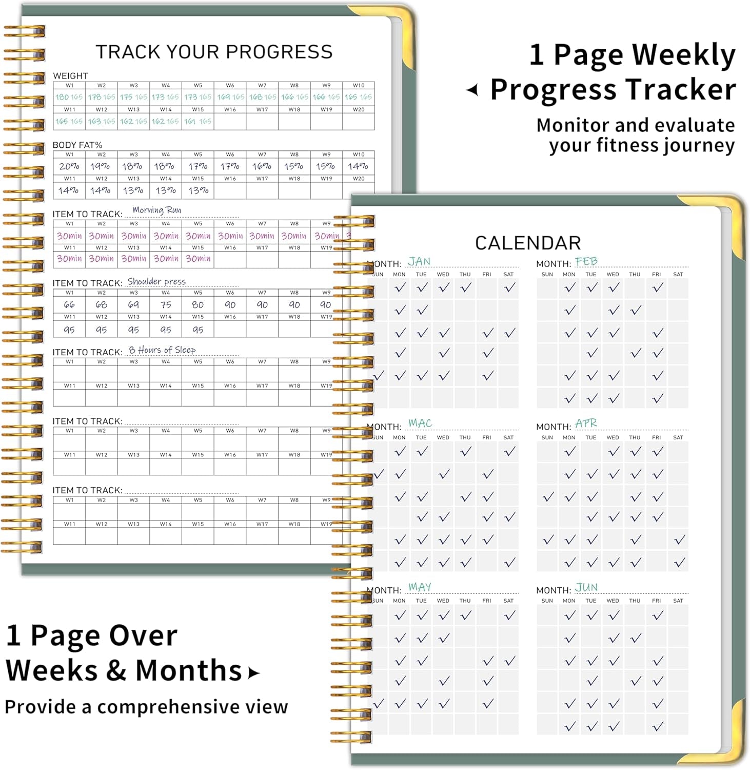 Fitness Workout Planner for Women & Men, A5(5.7" X 8.2") Workout Log Planner for Track Gym ＆ Home Workouts, Track Progress, Achieve Your Wellness Goals - Green