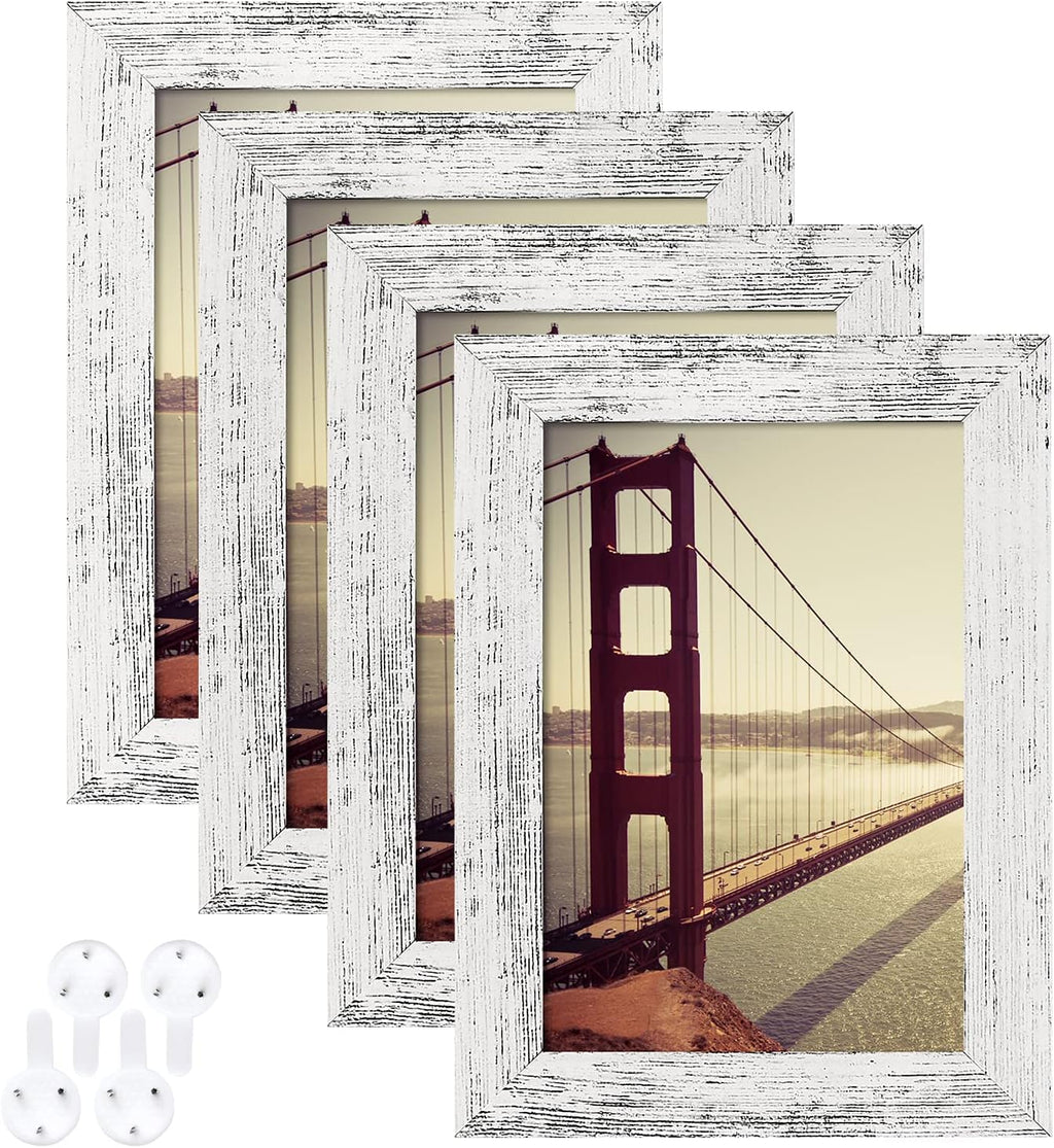 4X6 Picture Frame Distressed Farmhouse Wood Pattern Set of 4,Display 3.5X5 with Mat or 4X6 without Mat,Multicolour