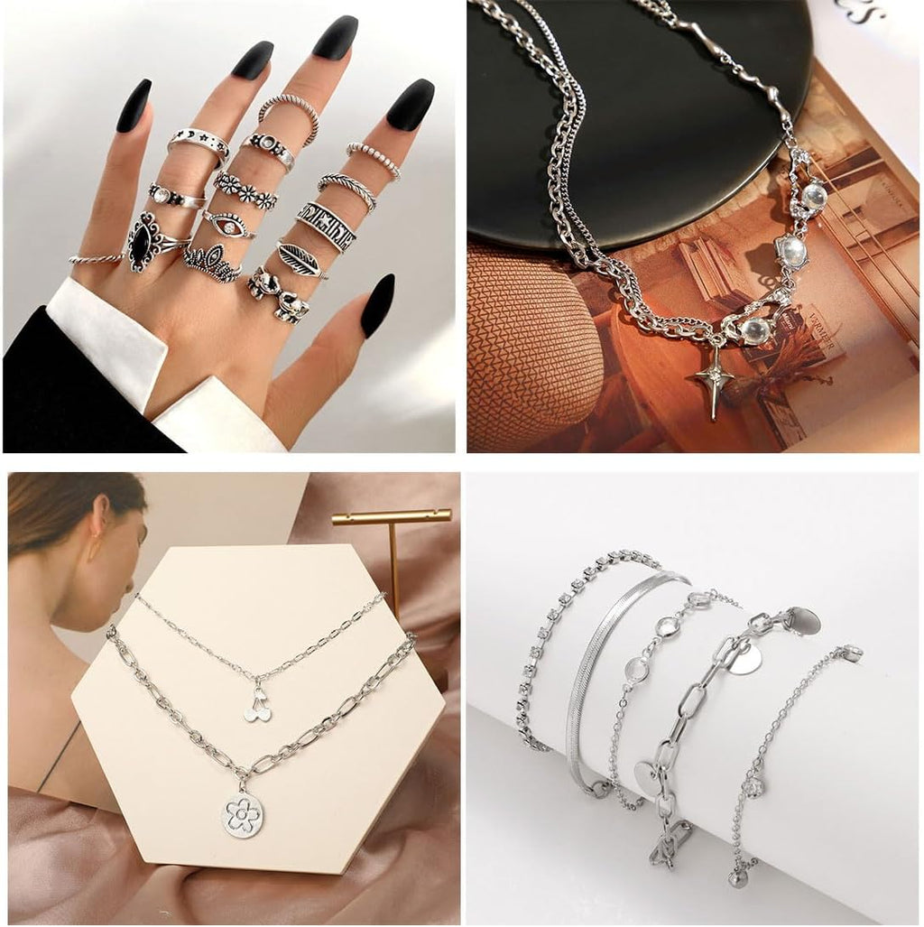 37Pcs Silver Jewelry Set with 3 PCS Necklace, 14 PCS Bracelet, 7 PCS Ear Cuffs Earring, 6Pcs Hoop Earrings,7Pcs Silver Rings Set for Women for Birthday Gifts