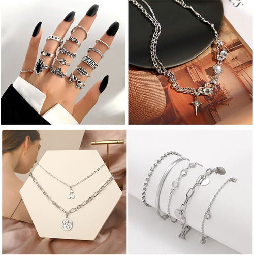 37Pcs Silver Jewelry Set with 3 PCS Necklace, 14 PCS Bracelet, 7 PCS Ear Cuffs Earring, 6Pcs Hoop Earrings,7Pcs Silver Rings Set for Women for Birthday Gifts