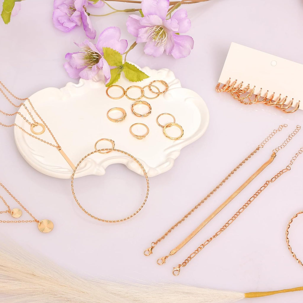 34Pcs Gold Jewelry Set for Women Multi Layered Necklace Knuckle Rings Stackable Bracelets Dainty Earrings Fashion Jewelry Set Anniversary Birthday Valentine Gift Pack for Women Girls