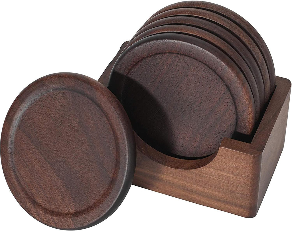 Classic Walnut Dark Coaster Set of 6 Pieces. Including the Holder Pure Natural Wood and Texture. Wonderful Decor for Dining Tables and Office Tables
