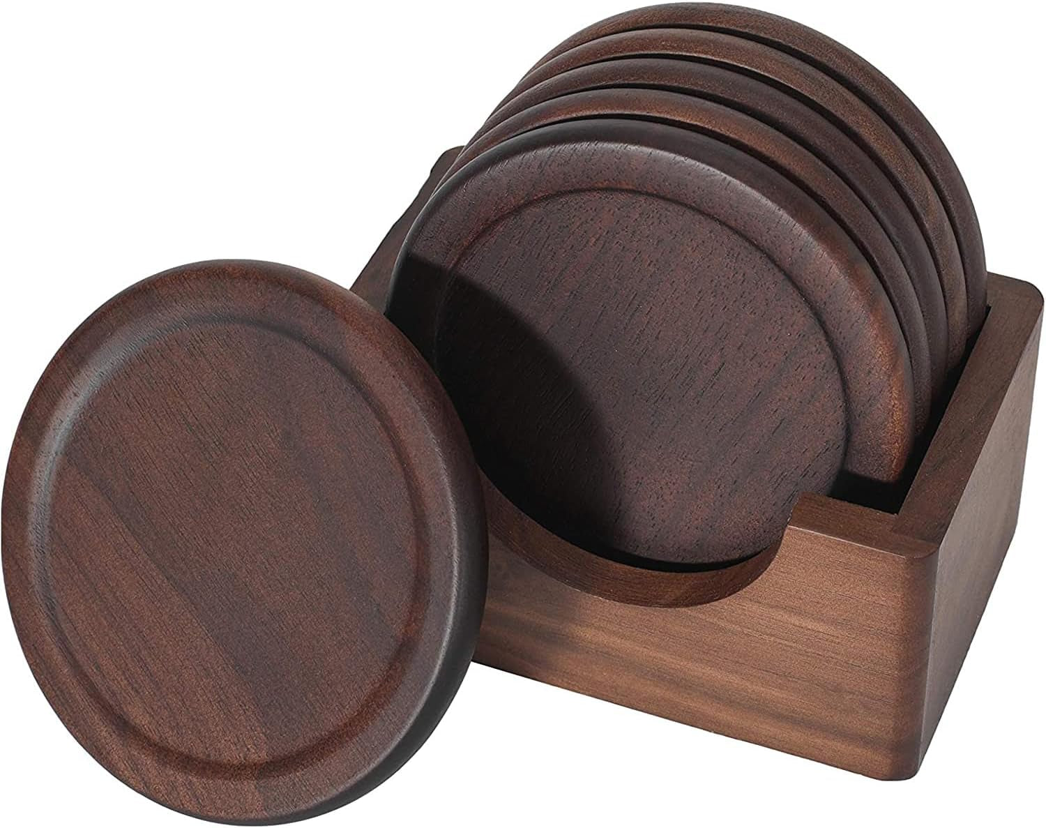 Classic Walnut Dark Coaster Set of 6 Pieces. Including the Holder Pure Natural Wood and Texture. Wonderful Decor for Dining Tables and Office Tables