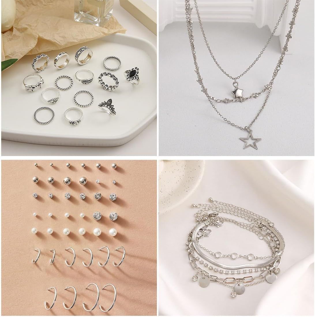 37Pcs Silver Jewelry Set with 3 PCS Necklace, 14 PCS Bracelet, 7 PCS Ear Cuffs Earring, 6Pcs Hoop Earrings,7Pcs Silver Rings Set for Women for Birthday Gifts