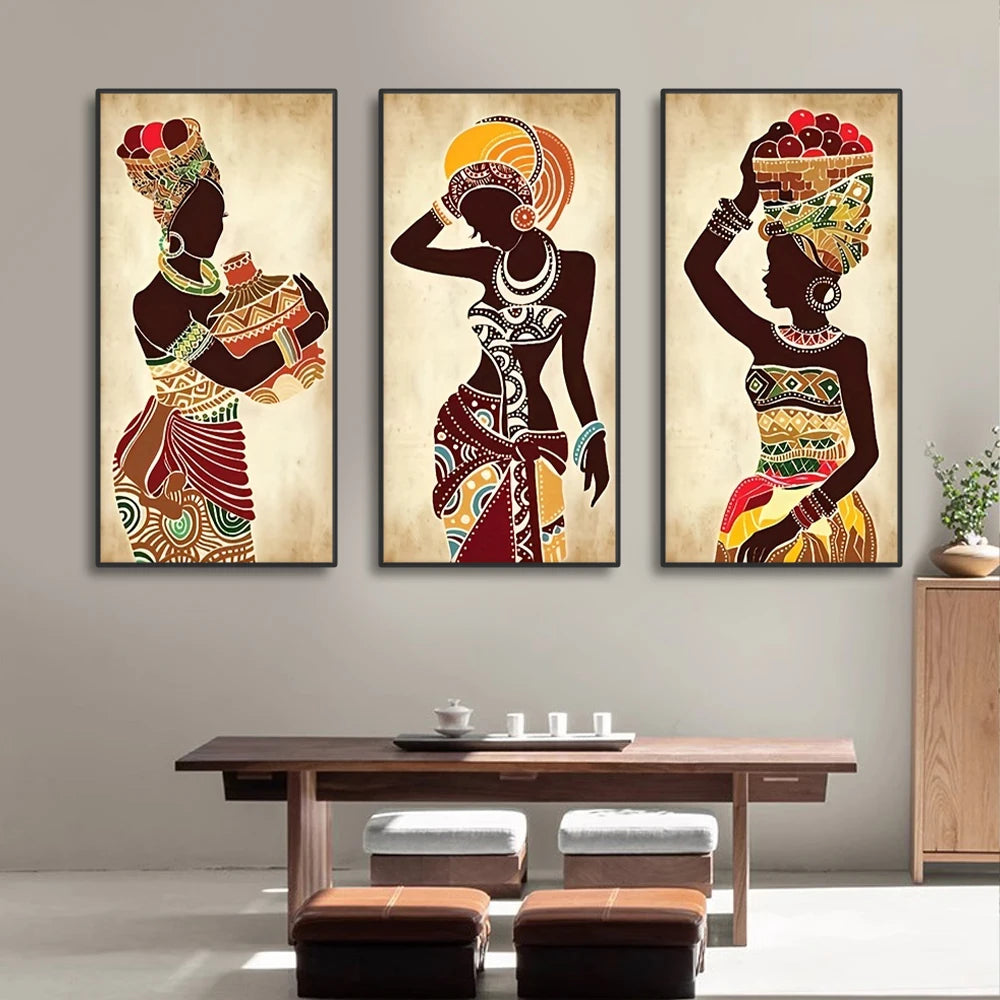 3Pcs Ethnic African Black Woman Canvas Painting Vintage Wall Art Figure Prints for Living Home Room Wall Decorative Pictures