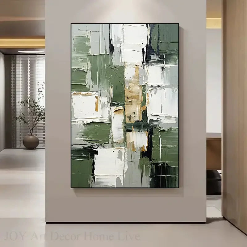 Large Abstract Oil Painting Canvas Hand-Painted Green White Gray Texture Modern Home Decor for Living Room Bedroom Home Decor