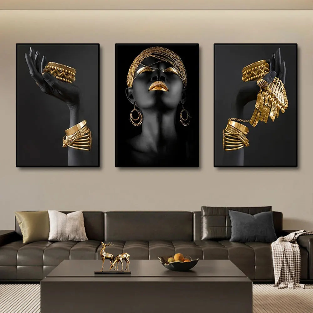 3Pcs African Black Women with Gold Jewelry Wall Art Posters Perfect Living Room Prints Canvas for Home Wall Art Decor Pictures
