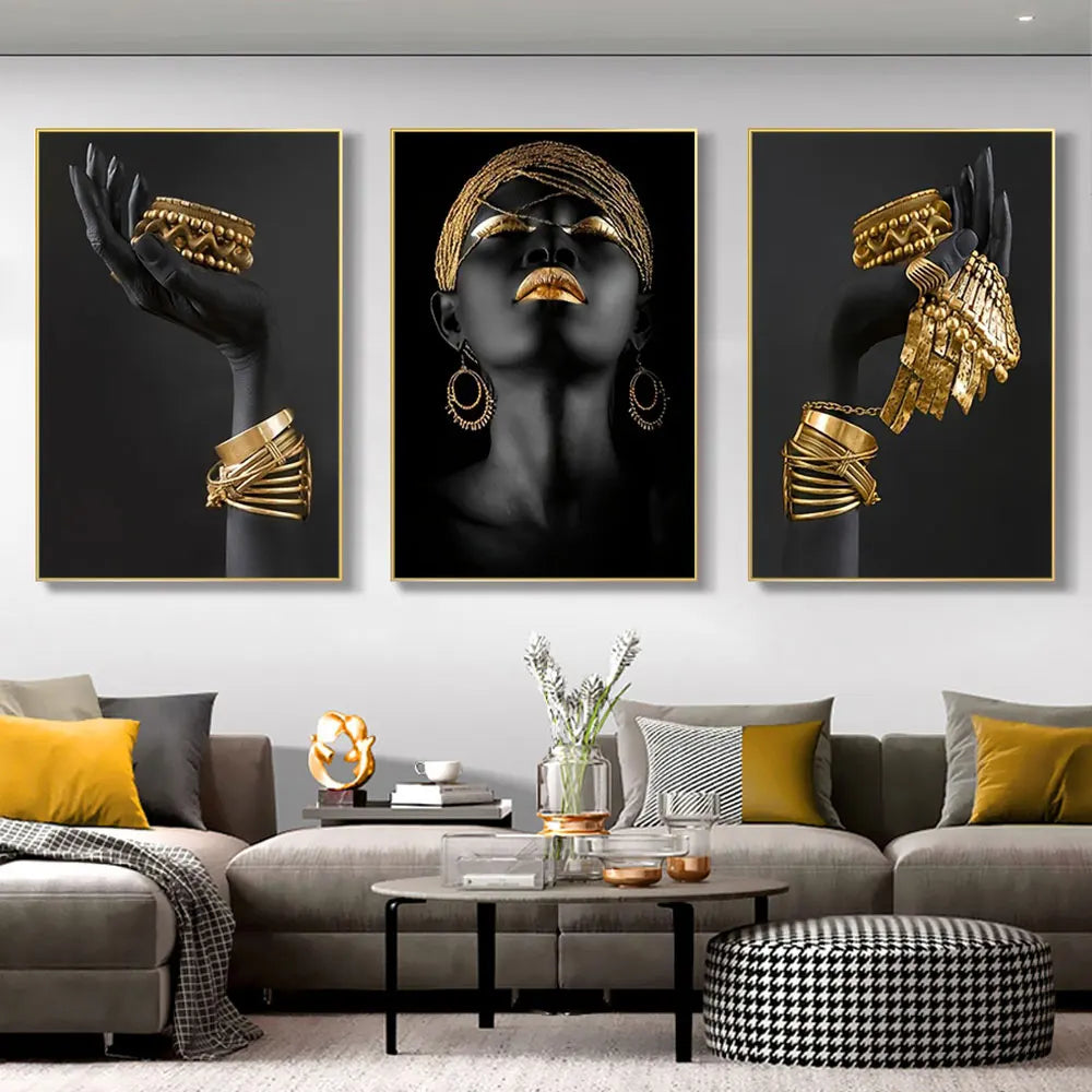 3Pcs African Black Women with Gold Jewelry Wall Art Posters Perfect Living Room Prints Canvas for Home Wall Art Decor Pictures