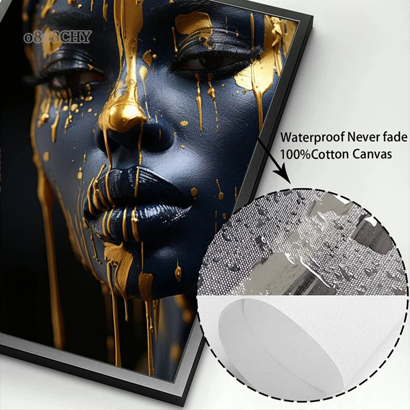 Golden Radiant African Beauty Art Posters Print Canvas Painting Modern Fashion Portrait Wall Art Mural for Liivng Room Decor