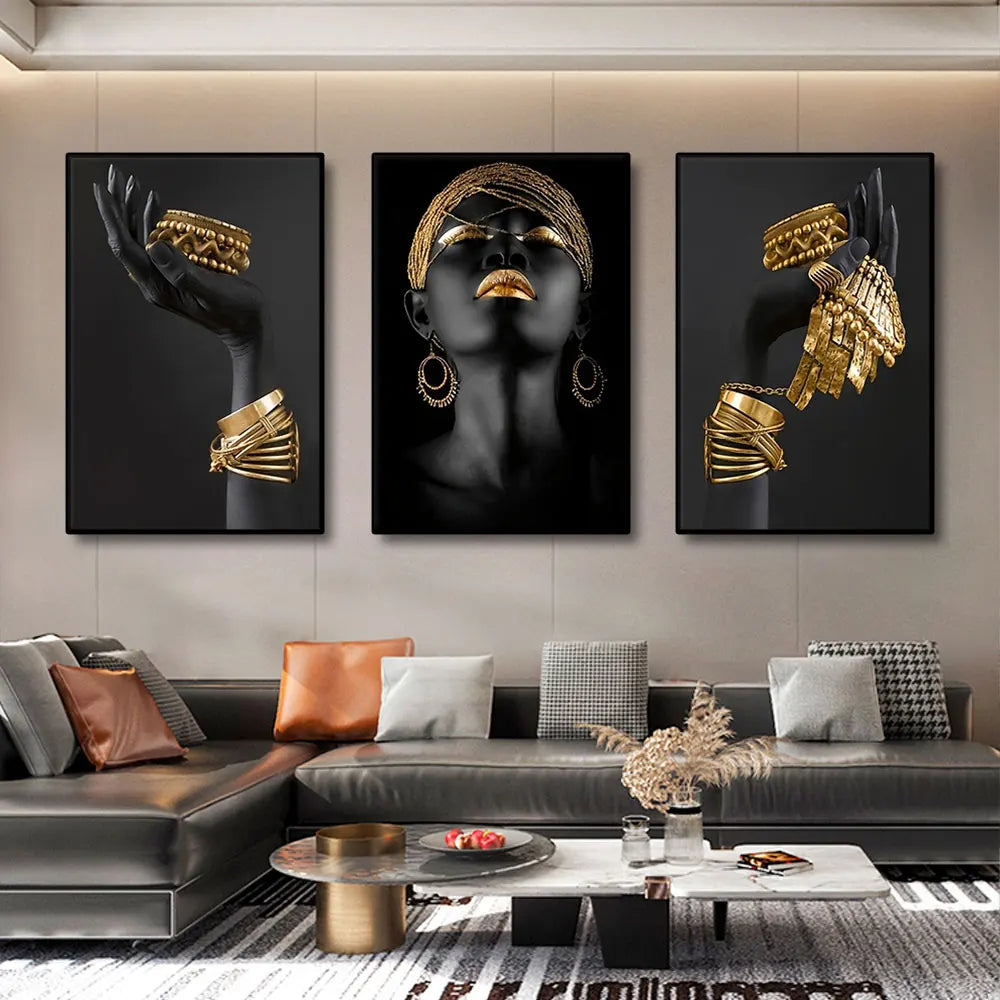 3Pcs African Black Women with Gold Jewelry Wall Art Posters Perfect Living Room Prints Canvas for Home Wall Art Decor Pictures
