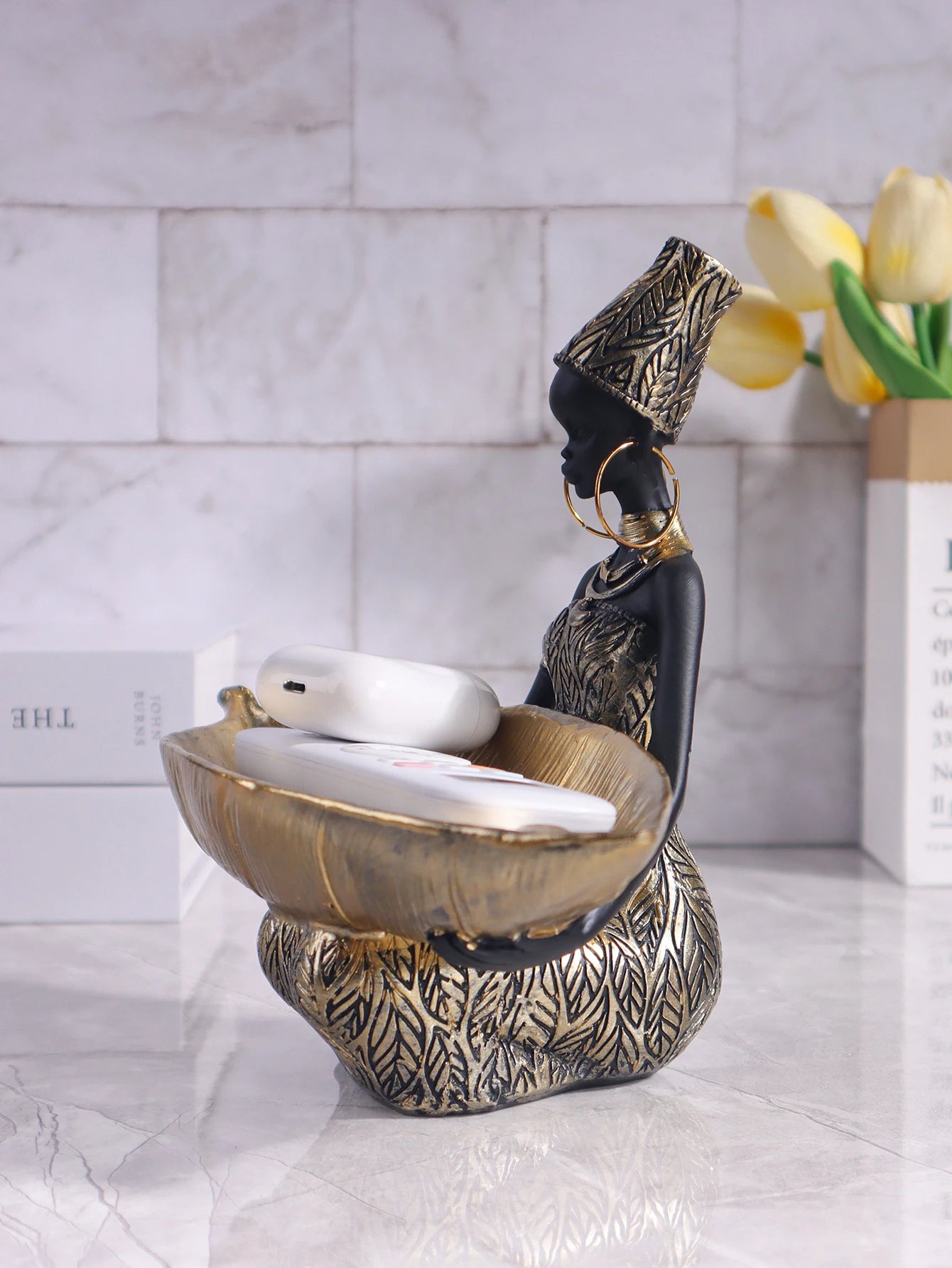 African Girl Holding a Plate Sculpture, Home and Office Decorative Storage Ornament, Vintage Collectible Craft Deskt Decor