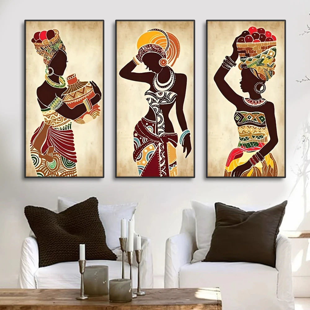 3Pcs Ethnic African Black Woman Canvas Painting Vintage Wall Art Figure Prints for Living Home Room Wall Decorative Pictures