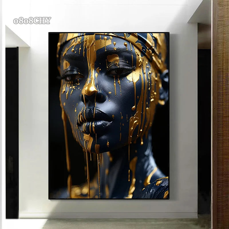 Golden Radiant African Beauty Art Posters Print Canvas Painting Modern Fashion Portrait Wall Art Mural for Liivng Room Decor