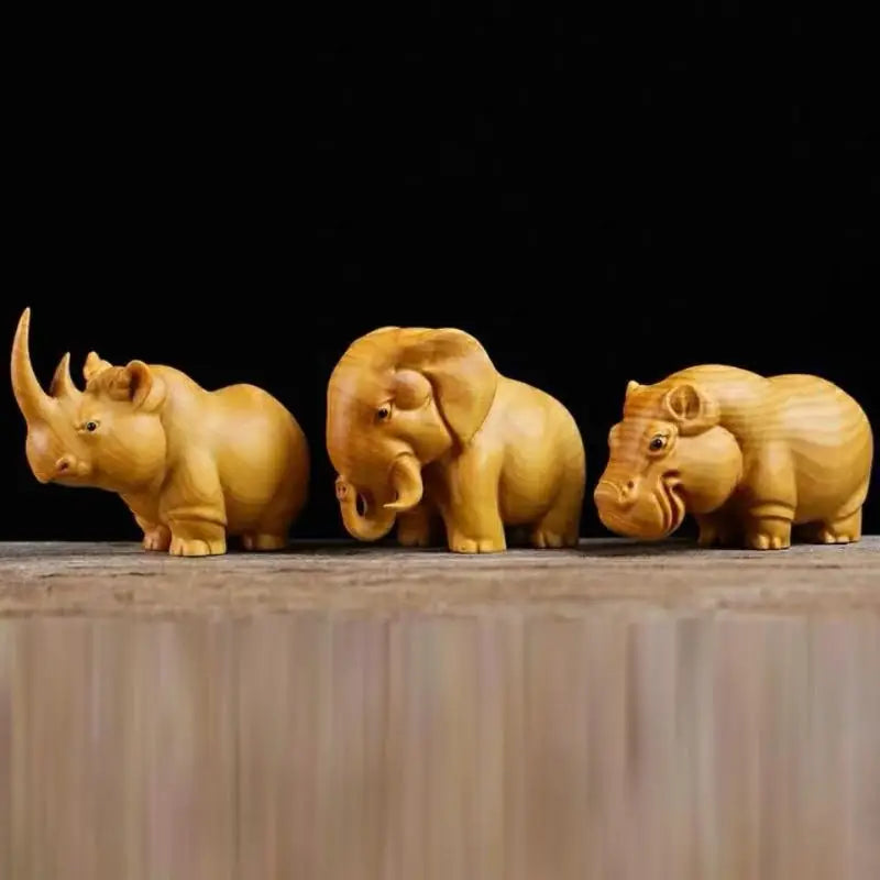 💖Wooden Carved African Trio:Rhinoceros,Hippopotamus,And Elephant Figurines,Creative Car and Home Decor Crafts